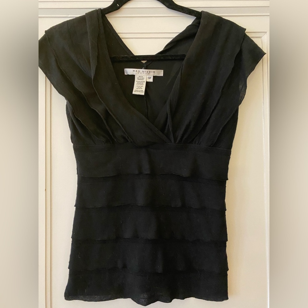 Max studio small petite v neck black ruffle shirt. Black
